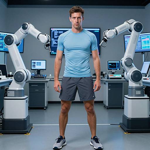 Man in High-Tech Lab with Robotic Arms