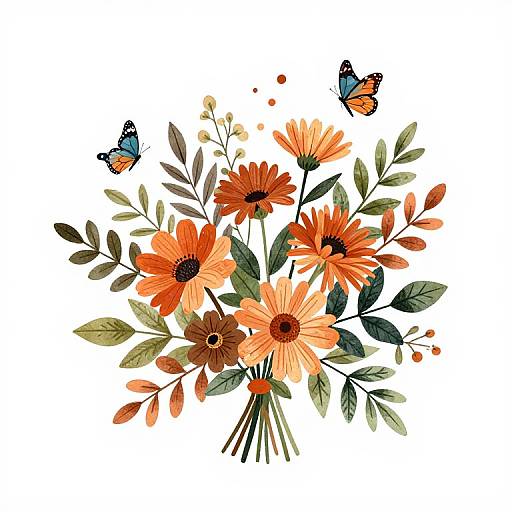 Watercolor illustration of vibrant orange and red daisies with green leaves, surrounded by two blue and orange butterflies. White background.