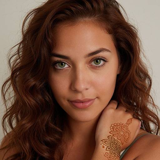 Photograph of a young woman with green eyes, wavy brown hair, and a henna tattoo on her right hand, smiling softly against a plain