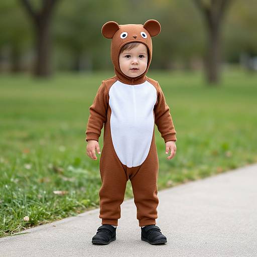 Photograph of a toddler in a brown bear onesie with white belly, bear ears hat, standing on a park path.