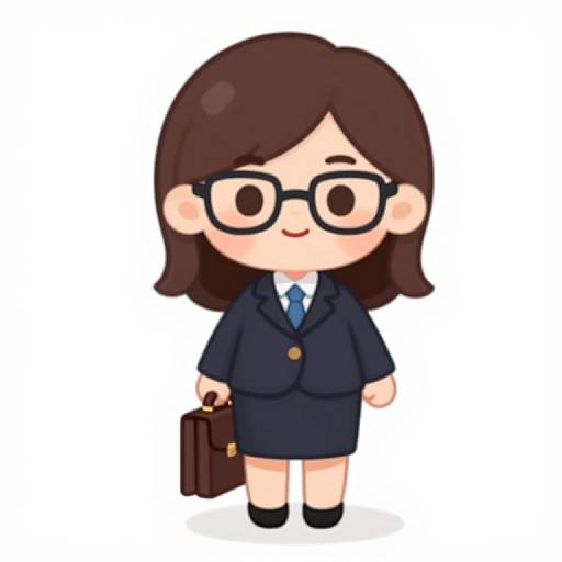 Chibi-style digital drawing of a brown-haired woman with glasses, wearing a navy blue suit, white shirt, blue tie, holding a brown briefcase