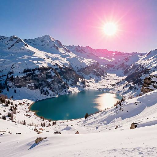 Photograph of a snow-covered mountain landscape with a bright sun, reflecting on a serene blue lake, surrounded by rocky peaks and sparse evergreen trees.