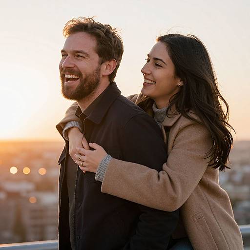 Photograph of a smiling bearded man and laughing woman with long dark hair, hugging from behind on a rooftop at sunset. She wears a beige