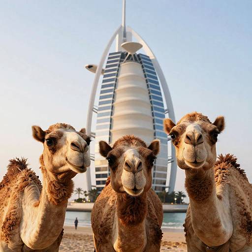 Photograph of three camels in the foreground with brown fur, facing the camera, against the backdrop of the iconic Burj Al Arab in Dubai,