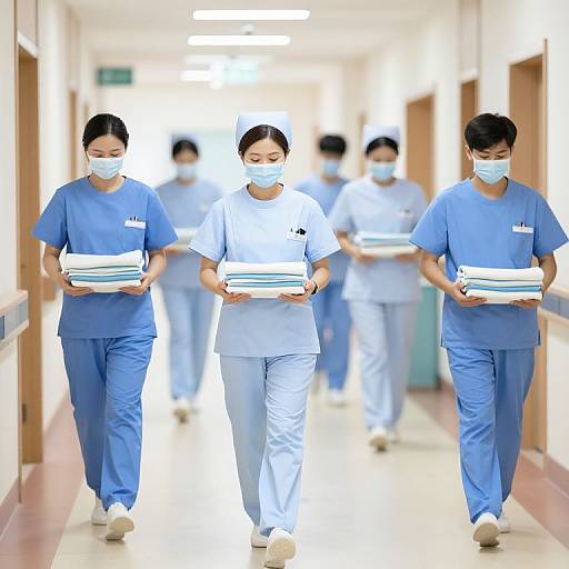 Photograph of five Asian healthcare workers in blue and white scrubs, masks, and hair ties, walking down a brightly lit hospital hallway, carrying stacked
