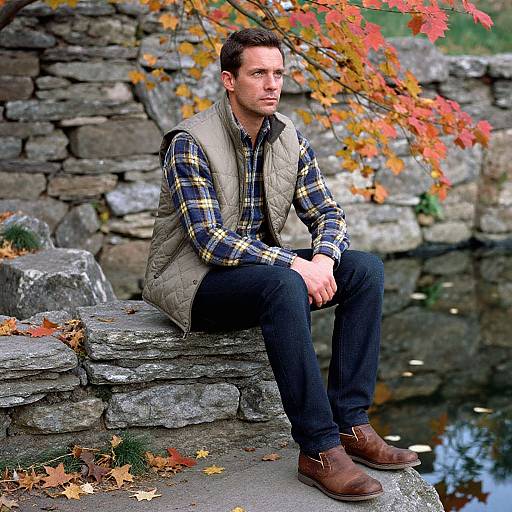 Photograph of a Caucasian man with short brown hair, wearing a plaid shirt, beige vest, and brown shoes, sitting on stone steps beside a