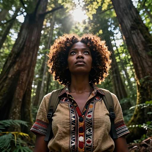 Photograph of a Black woman with curly, glowing hair in a patterned, short-sleeved shirt, standing in a sunlit, dense forest