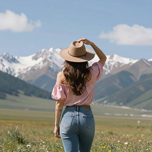Woman with Hat in Mountain Meadow