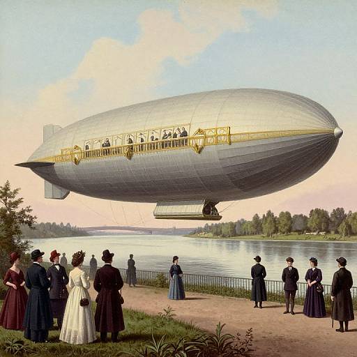 Victorian-era illustration of a large airship with a golden trim hovering over a lake, watched by elegantly dressed men and women in period attire.