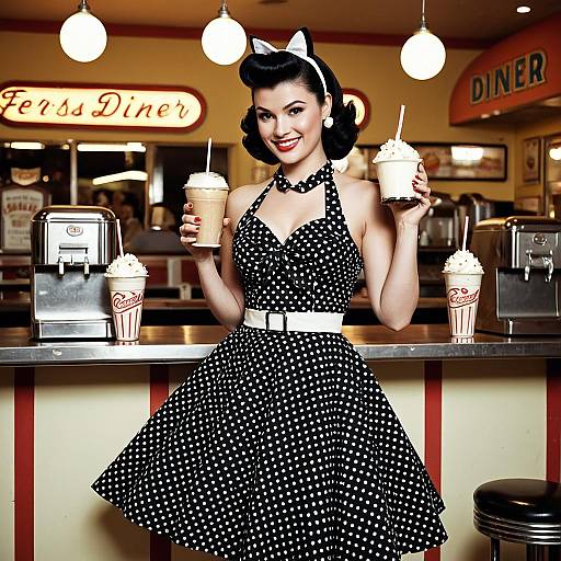Retro 1950s Woman in Polka Dot Dress with Milkshakes at Diner