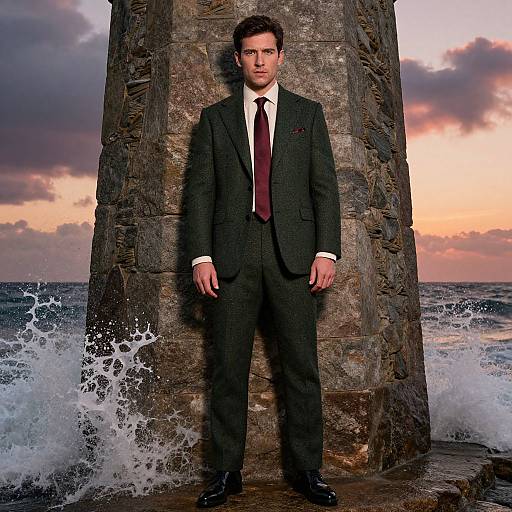 Photograph of a serious-looking man in a dark suit, white shirt, and maroon tie, standing against a stone pier with waves crashing in the