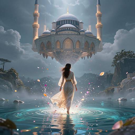 Digital fantasy artwork: A woman with long black hair in a flowing white dress walks through a glowing, rippling water pool, approaching a majestic, moon