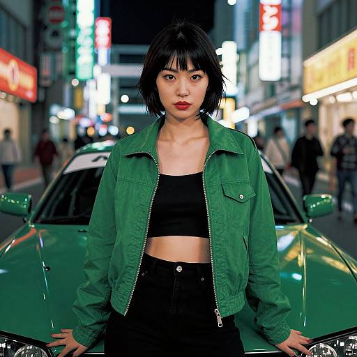 Photograph of an East Asian woman with short black hair, wearing a green jacket and black crop top, leaning on a green car in a brightly lit