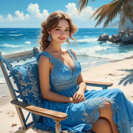 Smiling Woman in Blue Dress by the Beach