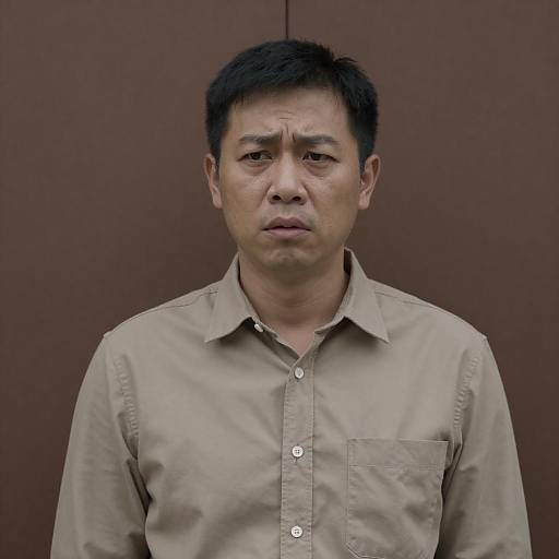 Concerned Asian Man in Beige Shirt