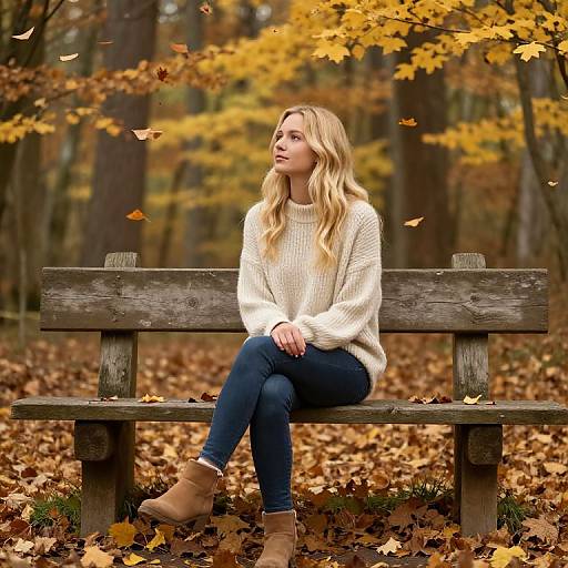 Photograph of a blonde woman in a white knit sweater and blue jeans, sitting on a wooden bench in a forest with autumn leaves, looking up at