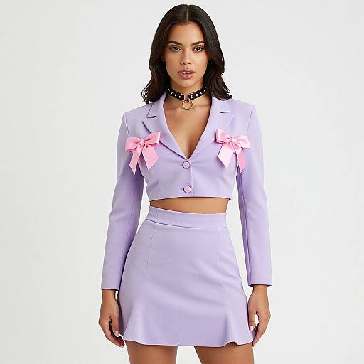 Photograph of a woman with medium skin tone, black shoulder-length hair, wearing a light purple cropped blazer with pink bows, matching skirt, and