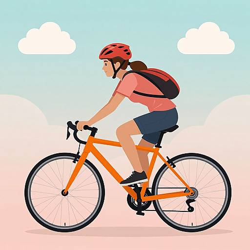 Digital illustration of a woman with brown hair in a ponytail, wearing a red helmet, pink shirt, blue shorts, and black shoes, riding an