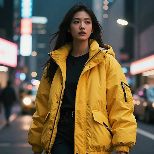 Woman in Oversized Yellow Jacket at Night City