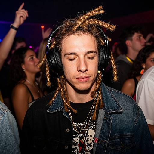 Photograph of a young man with light brown dreadlocks, black headphones, denim jacket, and graphic t-shirt, eyes closed, in a crowded,