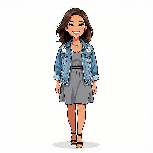 Digital illustration of a smiling woman with medium-length brown hair, wearing a blue denim jacket, gray dress, and black sandals.