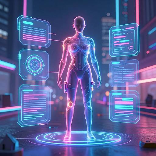 Neon-lit cyber cityscape CGI: Silhouetted, glowing female humanoid with holographic interface panels, standing on circular neon grid, holding