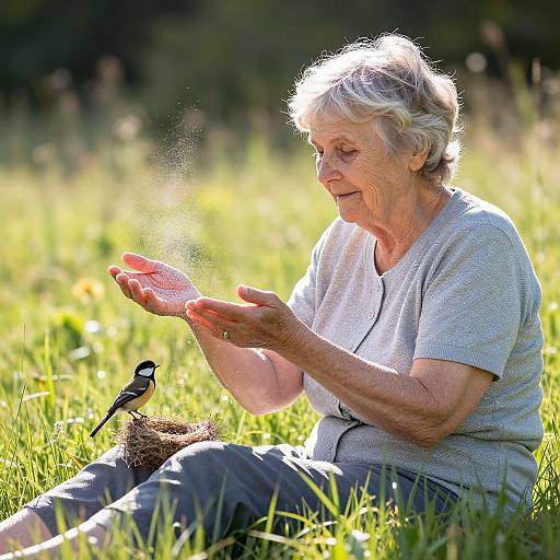 Photograph of an elderly woman with short, wavy gray hair, wearing a light gray shirt and gray pants, gently cupping her hands to catch