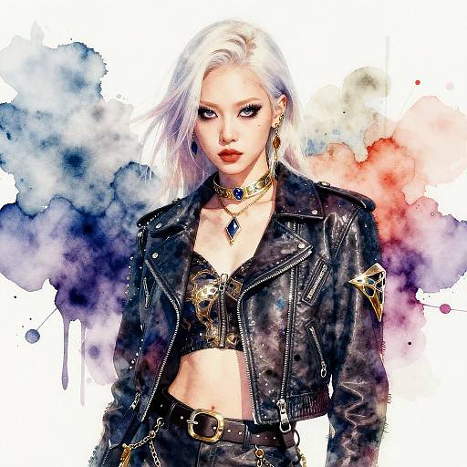 Digital painting of a pale-skinned, white-haired woman in a black leather jacket with gold and blue accents, and a revealing top, against a colorful