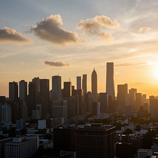 Photograph of a city skyline at sunset with silhouetted skyscrapers, golden sunlight, scattered clouds, and a colorful sky gradient.