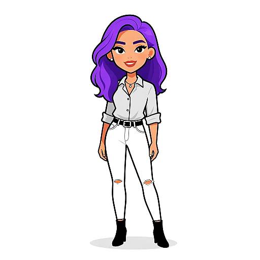 Digital cartoon of a confident woman with long purple hair, white button-up shirt, white ripped jeans, black belt, and black boots.