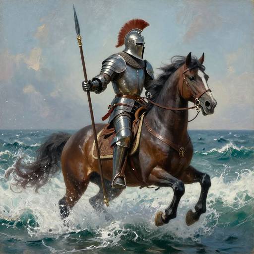 Digital painting of a knight in shiny armor with a red plume, holding a spear, riding a galloping horse through ocean waves.