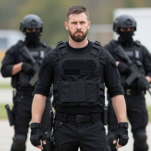 Photograph of a serious, bearded male SWAT officer in black tactical gear with two blurred teammates in background, holding rifles.