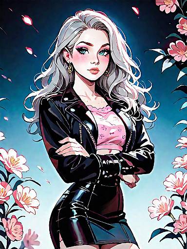 Edgy Chic Woman with Leather Jacket and Floral Skirt
