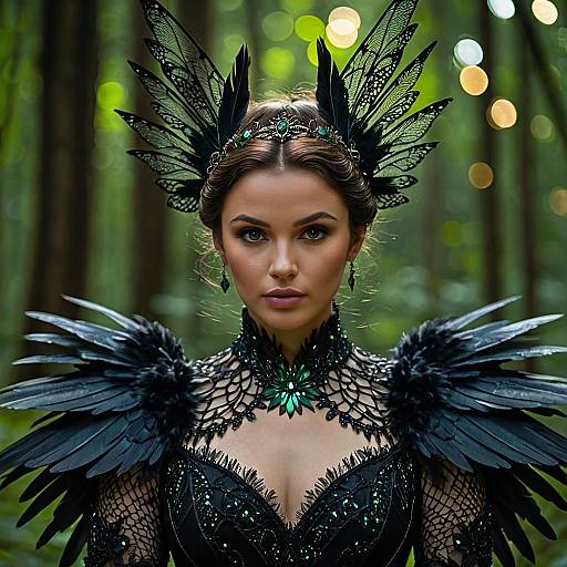 Fantasy Dark Fairy Woman in Feathered Costume