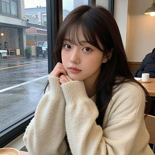 Cozy Korean Woman in Rainy Café