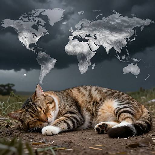 Photograph of a sleeping tabby cat with closed eyes, white paws, and brown stripes, under a dark, cloudy sky with a glowing,