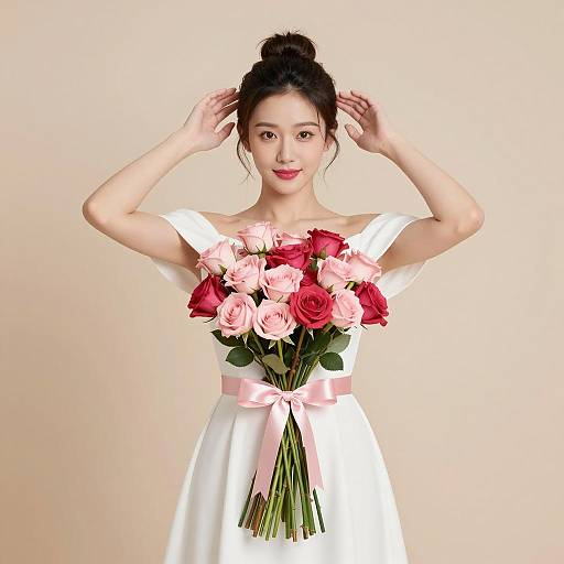 Elegant Asian Woman with Flower Bouquet