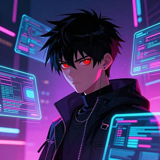 Digital anime artwork of a black-haired, red-eyed boy in a black hoodie, surrounded by glowing neon holographic screens in a cyberpunk city.