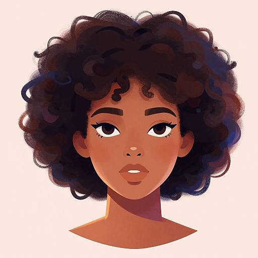 Digital illustration of a young Black woman with curly black hair, large expressive eyes, and a neutral expression, set against a white background.