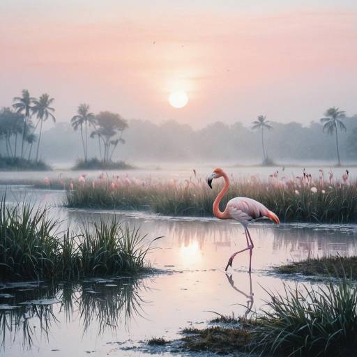 Serene Flamingo in Pastel Wetland