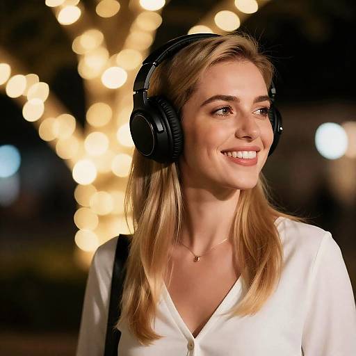 Smiling Woman Wearing Headphones with Blurred Lights