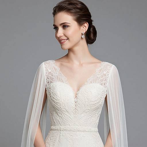 Photograph of a smiling woman with fair skin and dark brown hair in an elegant, white lace wedding dress with sheer sleeves.