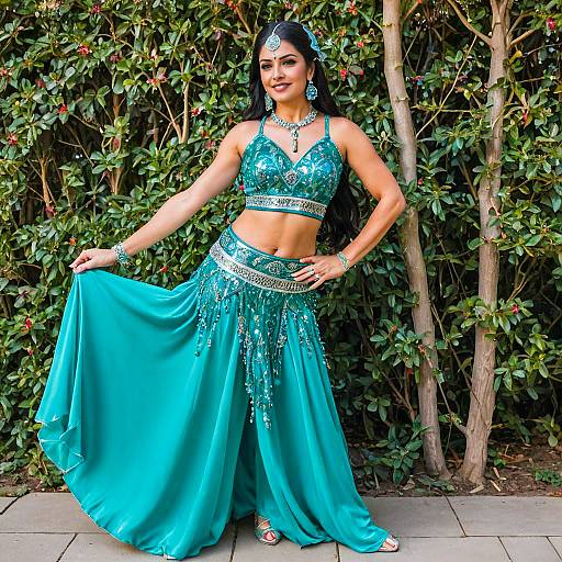 Woman in Turquoise Satin Belly Dance Costume