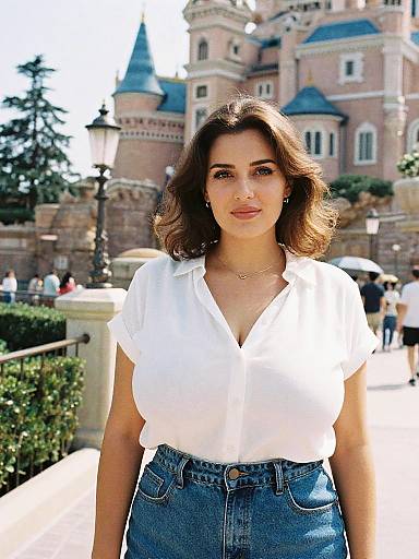 Photograph of a smiling woman with wavy brown hair, wearing a white blouse and high-waisted blue jeans, standing in front of a castle