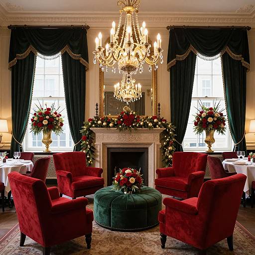 Luxurious Christmas living room with red velvet armchairs, green velvet ottoman, ornate chandelier, black drapes, and festive floral arrangements