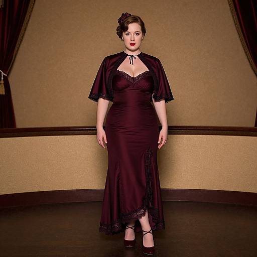 Photograph of a plus-sized woman with fair skin and red lipstick, wearing a black lace-trimmed evening gown and black shawl, standing against