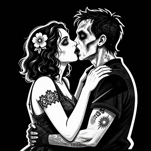 Black-and-white digital drawing of a tattooed couple kissing passionately. Woman with flower in hair, man in dark shirt. Detailed tattoos on arms. Int