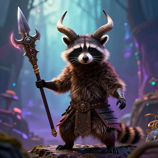 Mystical Raccoon Warrior with Horns and Spear