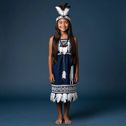 Photograph of a young girl with long black hair, smiling, wearing a black Native American-style dress with white patterns, feather headdress, and bare