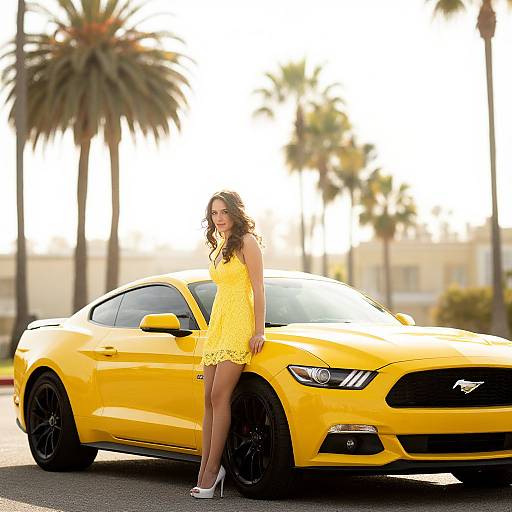 Woman by Yellow Mustang Amid Palm Trees
